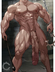 1boy abs border censored chain chain_leash cilica collar completely_nude dungeon flaccid head_out_of_frame holding holding_whip huge_penis leash male_focus mosaic_censoring muscular muscular_male nude original penis spiked_collar spikes stone_floor stone_wall sweat watermark whip white_border