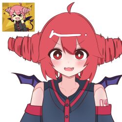 Rule 34 | 1girl, ahoge, bare shoulders, bat wings, black shirt, black sleeves, blush, collarbone, collared shirt, detached sleeves, drill, drill hair, fang, hair between eyes, hashtag-only commentary, highres, kasane teto, kasane teto (utau), looking at viewer, number tattoo, open mouth, portrait, red eyes, red hair, reference inset, rirurima25, shirt, simple background, sleeveless, sleeveless shirt, smile, solo, tattoo, twin drills, utau, white background, wings