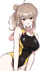 1girl black_one-piece_swimsuit breasts brown_eyes brown_hair cevio competition_swimsuit hair_bun highleg highleg_one-piece_swimsuit highres large_breasts long_hair looking_at_viewer one-piece_swimsuit satou_sasara side_ponytail simple_background single_hair_bun single_side_bun solo sparkling_yudofu swimsuit voiceroid white_background