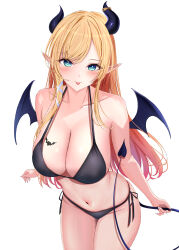 1girl absurdres bare_shoulders bikini black_bikini black_horns black_tail black_wings blonde_hair blue_eyes breasts cleavage collarbone cowboy_shot demon_girl demon_horns demon_tail demon_wings gradient_hair halterneck heart heart-shaped_pupils highres hololive horns large_breasts long_hair multicolored_hair navel pink_hair pointy_ears sarla-twin88 side-tie_bikini_bottom simple_background solo string_bikini swimsuit symbol-shaped_pupils tail two-tone_hair virtual_youtuber white_background wings yuzuki_choco