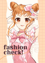 1girl :3 :p absurdres aikatsu! aikatsu!_(series) arisugawa_otome blush bow character_name choker dot_nose double_bun double_v english_text grid_background hair_bow hair_bun hands_up highres jiu long_sidelocks looking_at_viewer orange_background orange_eyes orange_hair pink_bow pink_choker pink_shirt shirt short_hair short_sleeves sidelocks solo straight_hair tongue tongue_out v v-shaped_eyebrows white_background