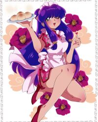 Rule 34 | 1girl, apron, china dress, chinese clothes, dress, food, plate, purple hair, ranma 1/2, red eyes, shampoo (ranma 1/2), sidelocks, steamed bun, white apron