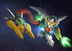 Rule 34 | absurdres, altron gundam, beam trident, chibi, energy weapon, exhaust, foreshortening, glowing, glowing eyes, green eyes, gundam, gundam wing, gundam wing: endless waltz, highres, holding, holding polearm, holding weapon, making-of available, mecha, mobile suit, motion blur, no humans, polearm, robot, science fiction, sd gundam, solo, space, star (sky), v-fin, weapon, zakuma