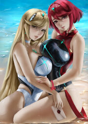 Rule 34 | 2girls, asymmetrical docking, beach, black one-piece swimsuit, blonde hair, breast press, breasts, choker, circlet, closed mouth, core crystal (xenoblade), earrings, highres, holding, jewelry, large breasts, lips, long hair, looking at viewer, medium hair, multiple girls, mythra (radiant beach) (xenoblade), mythra (xenoblade), nintendo, one-piece swimsuit, outdoors, pyra (pro swimmer) (xenoblade), pyra (xenoblade), red eyes, red hair, sand, strapless, strapless one-piece swimsuit, super smash bros., swimsuit, very long hair, water, wei (promise 0820), wet, wet clothes, wet swimsuit, white choker, white one-piece swimsuit, xenoblade chronicles (series), xenoblade chronicles 2, yellow eyes