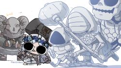 1boy 1girl blue_eyes bone braid chibi doll_joints dress elden_ring elden_ring_nightreign flower flower_wreath ghost hammer head_wreath highres jewelry joints long_hair low_twin_braids miyan_(oceanmaiden) raider_(elden_ring) revenant_(elden_ring) twin_braids veil weapon white_background white_dress white_hair white_veil