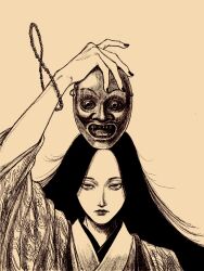 1girl bead_bracelet beads black_hair bracelet brown_theme highres holding holding_mask japanese_clothes jewelry kimono long_hair looking_at_viewer mask original solo straight-on tp_p_pt white_background white_kimono