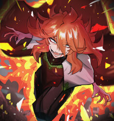 Rule 34 | 1girl, absurdres, black clover, blood, blood from mouth, blue eyes, capelet, eyeshadow, fire, from above, hair between eyes, hands up, highres, long hair, looking at viewer, looking up, makeup, mereoleona vermillion, open mouth, orange hair, pyrokinesis, red eyeshadow, red robe, robe, smile, solo, user sfck8533, v-shaped eyebrows, white capelet