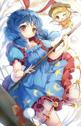 2girls animal_ears blonde_hair bloomers blue_dress blue_hair blush rabbit_ears rabbit_tail chibi crop_top dango dress food kine low_twintails mallet multiple_girls piyokichi puffy_short_sleeves puffy_sleeves red_eyes ringo_(touhou) seiran_(touhou) shirt short_dress short_sleeves shorts t-shirt tail touhou twintails underwear wagashi