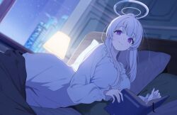 1girl artist_request blue_archive breasts dress frilled_pajamas frills halo highres large_breasts long_hair long_sleeves looking_at_viewer mechanical_halo nightgown noa_(blue_archive) noa_(pajamas)_(blue_archive) official_alternate_costume official_art pajamas ponytail purple_eyes second-party_source sleepwear smile solo white_dress white_hair white_halo white_nightgown white_pajamas