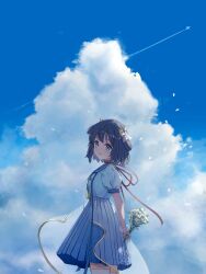 Rule 34 | 1girl, aircraft, airplane, animal ears, antlers, blue dress, blue eyes, bouquet, breasts, brown hair, choker, cloud, cloudy sky, commentary, cowboy shot, deer antlers, deer ears, deer girl, dress, english commentary, flower, from side, hair ornament, highres, holding, holding bouquet, horns, indie utaite, kano (utaite), layered skirt, light blush, light smile, looking at viewer, medium hair, petals, puffy short sleeves, puffy sleeves, red ribbon, ribbon, ribbon choker, sailor dress, scrunchie, see-through clothes, see-through skirt, shiro keshiki, short sleeves, sidelocks, skirt, sky, small breasts, solo, standing, star (symbol), star hair ornament, star pin, thighhighs, white dress, white thighhighs, wrist scrunchie