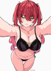 1girl absurdres black_bra black_panties blush bra breasts cleavage commentary coubalty earrings english_commentary green_eyes highres jewelry large_breasts long_hair looking_at_viewer mole mole_under_eye navel navel_piercing necklace original panties piercing reaching reaching_towards_viewer red_hair simple_background solo twintails underwear underwear_only variant_set white_background