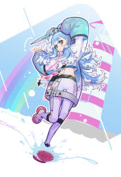 Rule 34 | 1girl, absurdres, antenna hair, arms up, blue eyes, blue hair, full body, grey pants, highres, holding, holding umbrella, hololive, hololive indonesia, kobo kanaeru, kobo kanaeru (1st costume), liquid hair, long hair, long sleeves, looking at viewer, navel, null suke, pants, parted lips, raincoat, see-through clothes, see-through raincoat, shoe soles, solo, standing, standing on one leg, stomach, umbrella, virtual youtuber
