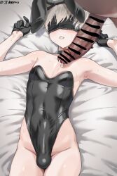 2boys 9s_(nier:automata) animal_ears armpits arms_up artist_name bare_arms bare_shoulders bed_sheet black_blindfold black_choker black_gloves black_leotard blindfold bulge censored choker commentary covered_eyes covered_navel cum dark-skinned_male dark_skin english_commentary erection erection_under_clothes facing_viewer fake_animal_ears from_above gloves grey_hair highleg highleg_leotard highres jtveemo leotard lying male_focus male_playboy_bunny multiple_boys nier:automata nier_(series) on_back on_bed out_of_frame parted_lips penis penis_size_difference pointless_censoring rabbit_ears shiny_clothes shiny_skin solo_focus strapless strapless_leotard sweat teeth trap twitter_username yaoi