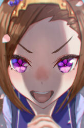 1girl :d absurdres brown_hair close-up flower_in_eye forehead hands_up highres interlocked_fingers long_hair looking_at_viewer no_uwazumi open_mouth own_hands_clasped own_hands_together petals portrait purple_eyes purple_sailor_collar purple_shirt sailor_collar sakura_bakushin_o_(umamusume) school_uniform shirt smile solo symbol_in_eye teeth tracen_school_uniform umamusume upper_teeth_only v-shaped_eyebrows