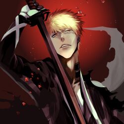 1boy ajuji_aju black_blade bleach blonde_hair highres holding holding_sword holding_weapon japanese_clothes katana kurosaki_ichigo long_sleeves looking_at_viewer male_focus red_background short_hair simple_background solo sword teeth weapon yellow_eyes zanpakutou
