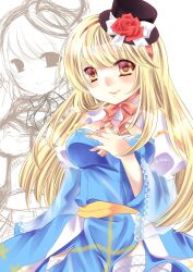 Rule 34 | 1girl, arch bishop (ragnarok online), black hat, blonde hair, blue dress, blush, bow, bowtie, breasts, cleavage, cleavage cutout, closed mouth, clothing cutout, commentary, cowboy shot, cross, dress, english commentary, fishnet thighhighs, fishnets, flower, hat, hat flower, highres, juliet sleeves, long hair, long sleeves, looking at viewer, medium breasts, mini hat, mini top hat, nanami (s881201guy), orange bow, orange bowtie, puffy sleeves, ragnarok online, red flower, red rose, rose, sash, simple background, smile, solo, thighhighs, top hat, two-tone dress, white background, white dress, white thighhighs, yellow eyes, yellow sash