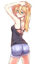 1girl absurdres arms_up b_landforce bare_arms black_shirt blonde_hair blue_shorts blush breasts denim denim_shorts from_behind green_eyes hair_between_eyes highres long_hair looking_at_viewer looking_back original parted_lips shirt short_shorts shorts simple_background sleeveless sleeveless_shirt small_breasts solo standing straight_hair white_background