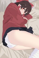 1girl absurdres alternate_costume ass bed_sheet black_skirt bow brown_hair cardigan commentary_request contemporary doubutsu_koujou feet_out_of_frame frilled_bow frilled_hair_tubes frills hair_bow hair_tubes hakurei_reimu highres long_sleeves looking_at_viewer lying medium_hair miniskirt on_side panties red_cardigan red_eyes school_uniform skirt socks solo touhou underwear white_panties white_socks
