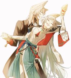 1boy 1girl amoamofu animal_ear_fluff animal_ear_piercing animal_ears aqua_skirt arm_around_waist bag black_coat chinese_clothes closed_eyes closed_mouth coat commentary_request couple dancing feet_out_of_frame feixiao_(honkai:_star_rail) feixiao_(kfc)_(honkai:_star_rail) food forehead_jewel fox_boy fox_ears fox_girl handbag happy hetero highres holding holding_bag holding_food holding_hands holding_ice_cream holding_ice_cream_cone honkai:_star_rail honkai_(series) ice_cream ice_cream_cone jiaoqiu_(honkai:_star_rail) jiaoqiu_(kfc)_(honkai:_star_rail) long_hair long_sleeves official_alternate_costume open_mouth pleated_skirt red_bag shirt side_slit simple_background skirt very_long_hair white_background white_hair white_shirt
