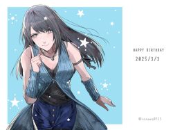 1girl arm_up arm_warmers bare_shoulders black_hair black_shirt blue_background blue_cardigan blue_skirt border breasts cardigan cleavage commentary cowboy_shot dated final_fantasy final_fantasy_viii grey_eyes hair_between_eyes happy jewelry long_hair medium_breasts necklace nnnmmg0725 pointing ring ring_necklace rinoa_heartilly shirt skirt solo twitter_username white_border