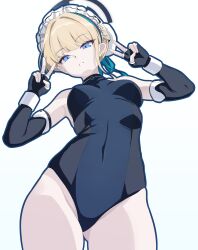 bare_shoulders black_gloves blonde_hair blue_archive blue_eyes breasts covered_navel elbow_gloves fingerless_gloves gloves gluteal_fold hair_bun highres medium_hair navel nobunaga1207 one-piece_swimsuit single_sidelock skindentation small_breasts solo standing swimsuit teeth toki_(abi-eshuh)_(blue_archive) toki_(blue_archive) v white_background