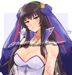 1girl animal_ears artist_name black_eyes black_hair breasts cleavage closed_mouth commentary commission detached_collar english_commentary fake_animal_ears fire_emblem fire_emblem:_the_blazing_blade fire_emblem_heroes herdwicoco highres karla_(fire_emblem) karla_(spring)_(fire_emblem) large_breasts long_hair looking_at_viewer lop_rabbit_ears nintendo official_alternate_costume rabbit_ears solo upper_body