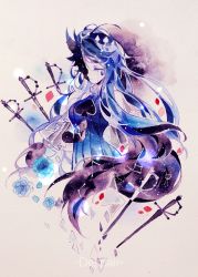 Rule 34 | 1girl, blue dress, blue flower, blue hair, chinese commentary, closed eyes, closed mouth, colored eyelashes, crying, dress, english text, flower, highres, knight of despair, lazy kun, light particles, lobotomy corporation, long hair, painting (medium), project moon, sleeveless, sleeveless dress, solo, sword, traditional media, watercolor (medium), weapon