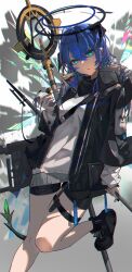 1girl absurdres aqua_eyes arknights between_fingers bigchaping black_boots black_halo black_shorts blue_hair boots breasts coin collared_jacket dark_halo demon_horns detached_wings energy_wings expressionless foot_out_of_frame fur-trimmed_jacket fur_trim hair_between_eyes halo hand_up high_collar highres holding holding_coin horns jacket knees_together_feet_apart leg_up long_hair long_sleeves looking_at_viewer mostima_(arknights) open_clothes open_jacket parted_bangs parted_lips shirt short_shorts shorts sidelocks small_breasts solo staff standing standing_on_one_leg strap striped_clothes striped_shorts thigh_gap traditional_halo untucked_shirt white_shirt wings zipper