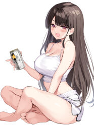 1girl absurdres bare_arms bare_legs bare_shoulders barefoot beer_can between_legs breasts brown_hair camisole can cleavage crop_top dolphin_shorts drink_can feet hand_between_legs highres holding holding_can indian_style large_breasts long_hair looking_at_viewer midriff open_mouth original oryo_(oryo04) red_eyes shirt short_shorts shorts sidelocks simple_background sitting sleeveless sleeveless_shirt smile solo spaghetti_strap taut_clothes taut_shirt thighs toes very_long_hair white_background white_shirt white_shorts
