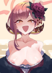 1girl @_@ absurdres areola_slip aru_(blue_archive) billmors blue_archive breasts demon_girl demon_horns flower flustered fur_scarf hair_flower hair_ornament halo highres horns japanese_clothes kimono large_breasts looking_at_viewer nervous_smile no_bra off_shoulder pink_hair portrait rose smile solo straight-on sweat wardrobe_malfunction yellow_eyes yukata