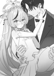 1boy 1girl animal_ears black_suit blue_archive blush commentary_request daredattakke dress flower formal_clothes greyscale highres jewelry kokona_(blue_archive) monochrome multicolored_hair necktie ring rose sensei_(blue_archive) streaked_hair suit tiara tiger_ears tiger_girl wedding_dress wedding_ring