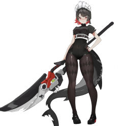 1girl absurdres adapted_costume black_footwear black_hair black_pantyhose black_shirt breasts colored_inner_hair commentary ellen_joe english_commentary hand_on_own_hip high-waist_shorts high_heels highres holding holding_sword holding_weapon large_breasts maid_headdress multicolored_hair pantyhose puffy_short_sleeves puffy_sleeves red_eyes red_hair shade shirt short_hair short_sleeves shorts simple_background smurtz solo standing sword weapon white_background zenless_zone_zero
