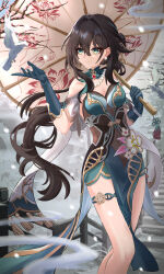 1girl absurdres aichinaigai bare_shoulders bird black_hair breasts china_dress chinese_clothes cleavage dress earrings elbow_gloves flying gloves green_dress green_eyes green_gloves highres holding holding_umbrella honkai:_star_rail honkai_(series) jewelry legband legs long_hair necklace pearl_earrings pearl_necklace ruan_mei_(honkai:_star_rail) solo stairs umbrella white_bird