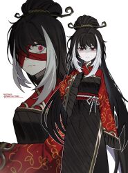 1girl absurdres alternate_hairstyle asdf1211950 black_dress black_hair breasts chinese_clothes dress hair_bun highres jia_xichun_(project_moon) limbus_company long_hair long_sleeves looking_at_viewer multicolored_hair pink_eyes project_moon red_shrug rope_belt simple_background sleeves_past_fingers sleeves_past_wrists solo standing streaked_hair upper_body very_long_hair white_background
