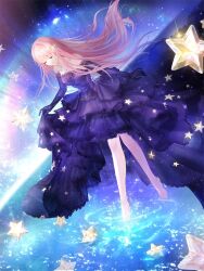 1girl bare_legs bare_shoulders barefoot breasts closed_eyes cool_colored dress elbow_gloves game_cg gloves happy_birthday highres jewelry long_hair medium_breasts miracle_nikki necklace nikki_(nikki) nikki_(series) official_art pink_hair purple_dress reflection reflective_water solo star_(sky) star_(symbol) star_sea_(nikki) third-party_source toenails water