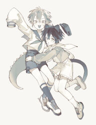 2boys absurdres animal_ears blush braid child dinosaur_tail frills full_body greyscale hair_between_eyes hat highres horns kneehighs long_sleeves looking_at_viewer male_focus monochrome multiple_boys neckerchief open_mouth original parted_lips sailor_collar shoes short_hair shorts simple_background sleeves_past_fingers sleeves_past_wrists sneakers socks tail teeth upper_teeth_only yuumii_0120