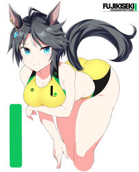 1girl ahoge animal_ears black_hair blue_eyes breasts buruma character_name cleavage cropped_legs ear_ornament feet_out_of_frame fuji_kiseki_(umamusume) horse_ears horse_girl horse_tail leaning_forward medium_breasts numbered shigino_sohuzi short_hair simple_background solo sports_bikini sports_bra tail umamusume white_background yellow_buruma yellow_sports_bra