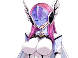 Rule 34 | 1girl, :d, ^ ^, assault visor, bodysuit, breasts, closed eyes, covered erect nipples, game cg, helmet, impossible bodysuit, impossible clothes, large breasts, large variant set, long hair, non-web source, official art, open mouth, pink hair, prism reica, shindou hatsune, skin tight, smile, solo, soukou senki prism reica, transparent background, upper body, variant set, white bodysuit, winged helmet