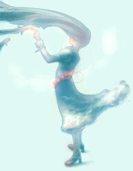 1girl black_boots blue_background boots closed_mouth commentary_request dress full_body grey_dress grey_hair high_heels koinobori long_hair noco_(user_1490719) original smile solo standing very_long_hair windsock