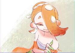 1girl chest_sarashi closed_mouth commentary_request earrings hair_over_one_eye hairband highres jewelry medium_hair multiple_earrings nintendo octoling official_alternate_costume orange_hair red_eyes sarashi shiver_(splatoon) smile solo somakusha splatoon_(series) splatoon_3 tentacle_hair tooth_earrings white_hairband