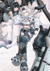2girls ahoge aqua_eyes arknights aurora_(arknights) bare_arms bare_shoulders bear bird black_gloves black_hair black_hairband blazpu blue_pants breast_zipper breasts cleavage_cutout clothing_cutout coat cropped_jacket crow dress expressionless eyes_visible_through_hair from_behind gloves grey_dress grey_eyes grey_shorts hair_over_one_eye hairband hand_up head_rest highres hip_vent hood hooded_coat jacket la_pluma_(arknights) long_hair long_sidelocks looking_at_viewer lying lying_on_animal medium_breasts medium_hair midriff multiple_girls on_back on_stomach pants paw_shoes polar_bear short_shorts shorts sidelocks sleeveless sleeveless_dress sleeves_past_wrists smile snow tool_belt white_hair white_hairband white_jacket winter_clothes winter_coat