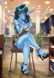 1girl blue_skin chair colored_skin crossed_legs daferq dress feet grin highres long_hair looking_at_viewer original pointy_ears red_eyes sandals sitting smile strap_slip toes