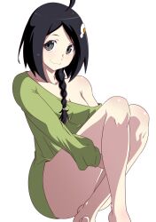 Rule 34 | 1girl, :3, :o, ahoge, alternate hairstyle, anime coloring, araragi tsukihi, armpit crease, bare legs, barefoot, black hair, blush, braid, braided ponytail, breasts, cleavage, closed mouth, collarbone, egg hair ornament, feet out of frame, food-themed hair ornament, full body, grabbing own thigh, green shirt, grey eyes, guchiknight, hair ornament, hair over shoulder, head tilt, highres, knee blush, legs up, light blush, long hair, long sleeves, looking at viewer, medium breasts, monogatari (series), no legwear, off-shoulder shirt, off shoulder, official alternate hair length, official alternate hairstyle, official style, shirt, shoulder blush, single bare shoulder, single off shoulder, solo, wavy mouth