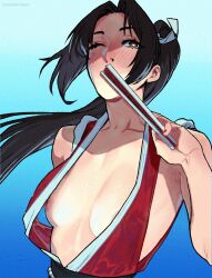 1girl alternate_breast_size areola_slip bare_shoulders breasts brown_eyes brown_hair cleavage collarbone fatal_fury folded_fan folding_fan hand_fan high_ponytail highres holding holding_fan japanese_clothes long_hair looking_at_viewer navel ninja nipple_slip nipples oversized_clothes ponytail revealing_clothes rope shiranui_mai small_breasts snk solo the_king_of_fighters torashu-kun