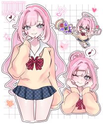 1girl :p alternate_costume black_skirt blush_stickers bow bowtie brown_sweater closed_mouth collarbone commentary elf_elysia elysia_(honkai_impact) fingernails fuka_(_ilouxs2) glasses grey_eyes gyaru hair_intakes hair_ornament hairclip hand_up hands_up hashtag-only_commentary heart highres holding holding_staff honkai_(series) honkai_impact_3rd looking_at_viewer low_twintails milk_carton miniskirt multiple_views musical_note nail_polish one_eye_closed pink_hair pink_nails pink_pupils red_bow red_bowtie skirt sleeves_past_fingers sleeves_past_wrists smile spoken_musical_note staff strawberry_milk sweater tongue tongue_out twintails v