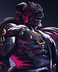 Rule 34 | 1boy, abs, aquiline nose, beard, black background, commentary request, facial hair, ganondorf, highres, long hair, male focus, mature male, nintendo, nose, open mouth, red eyes, shredded muscles, solo, the legend of zelda, the legend of zelda: tears of the kingdom, upper body, yuuri (fukuroudou)
