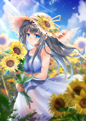 1girl absurdres amatsuki_rei artist_name black_hair blue_dress blue_eyes blue_hair blue_sky blush closed_mouth cloud dress flower hat highres holding holding_flower long_hair multicolored_hair original sky sleeveless sleeveless_dress smile solo summer sun_hat sunflower watermark