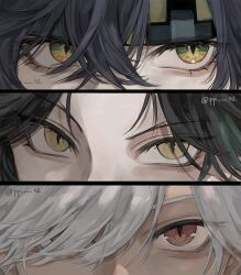 Rule 34 | 3boys, api (ppi 52), black hair, commentary request, cyno (genshin impact), dark-skinned male, dark skin, eye focus, eyelashes, genshin impact, hair between eyes, hair over one eye, headband, highres, kinich (genshin impact), looking at viewer, looking to the side, male focus, multicolored eyes, multiple boys, parted bangs, sanpaku, sideways glance, slit pupils, twitter username, white hair, xiao (genshin impact), yellow eyes