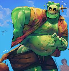 2boys ^^^ absurdres bara big_belly black_shorts blue_sky blush character_request colored_skin cowboy_shot crab cracked_skull doug_(monster_prom) fat fat_man green_skin hawaiian_shirt highres large_pectorals makota_toh male_focus monster_boy monster_prom multiple_boys no_male_underwear object_through_head open_clothes open_shirt outdoors pectorals pulling_another&#039;s_clothes see-through_body shirt shorts skirt sky slime_boy sword_in_head twitter_username