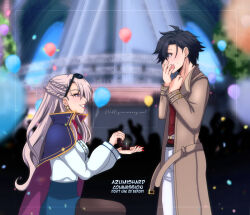 ascot aurelia_le_guin azumishard balloon black_hair braid cape coat commission confession couple crown_braid crying crying_with_eyes_open earrings eiyuu_densetsu english_text eyewear_on_head green_eyes happy_tears hetero highres jewelry kai_no_kiseki kuro_no_kiseki_(series) marriage_proposal on_one_knee open_clothes open_coat parted_bangs purple_eyes rean_schwarzer ring ring_box short_hair tears wedding_ring
